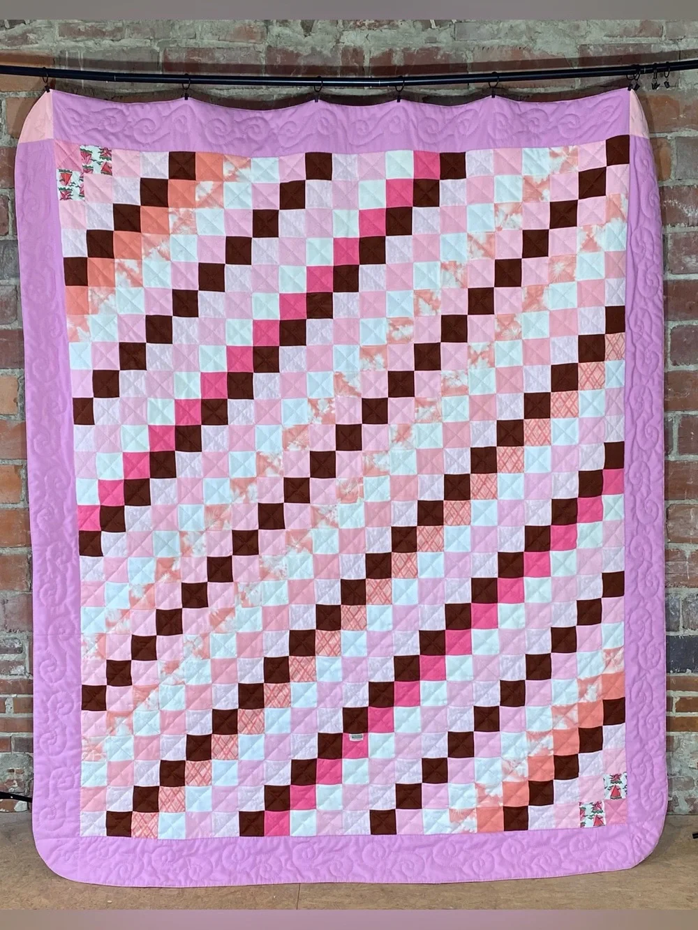 Vintage Polyester Jacob's Ladder Pink Brown Quilt 76